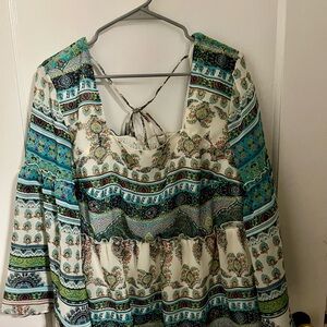Green Bell Sleeve Blouse with Tie Front